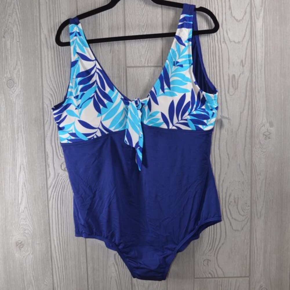 NWT Bleu Ice Womens Blue Leaf Print Tie Front One Piece Swimsuit 24 PLUS SIZE